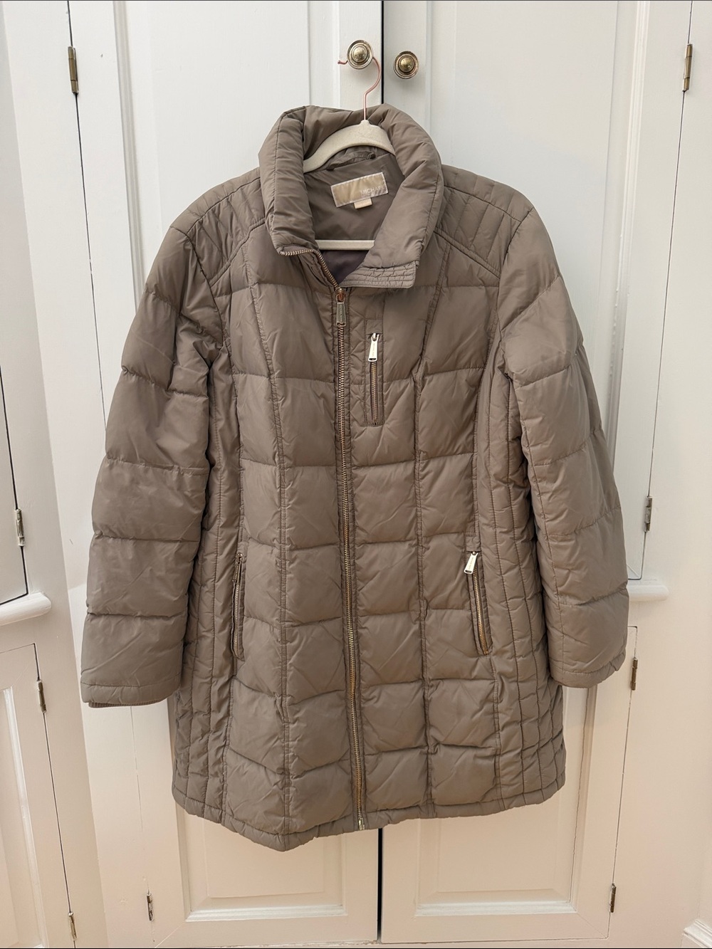 Michael Kors Taupe Quilted Puffer Coat
